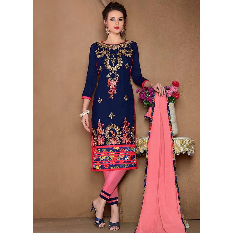 3 Pc Blue Unstitched Cotton Salwar Suit With Dupatta - JD986590943