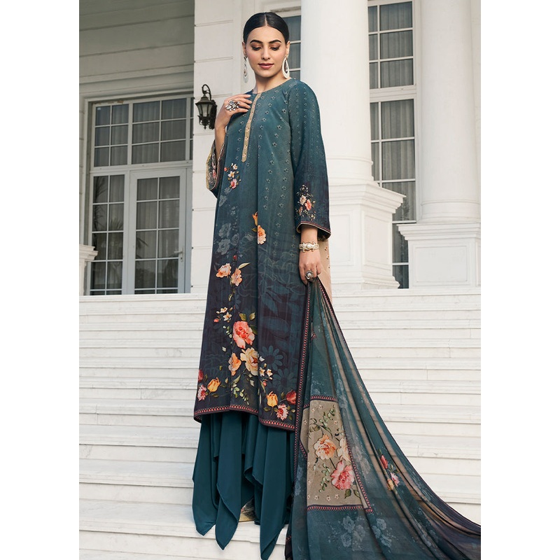 3 Pc Blue Unstitched Digital Print Silk Suit Set - JD986591076