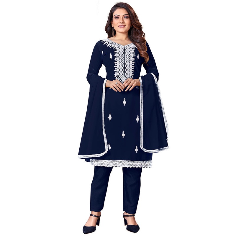 3 Pc Blue Unstitched Georgette Suit Set With Dupatta - JD986590956