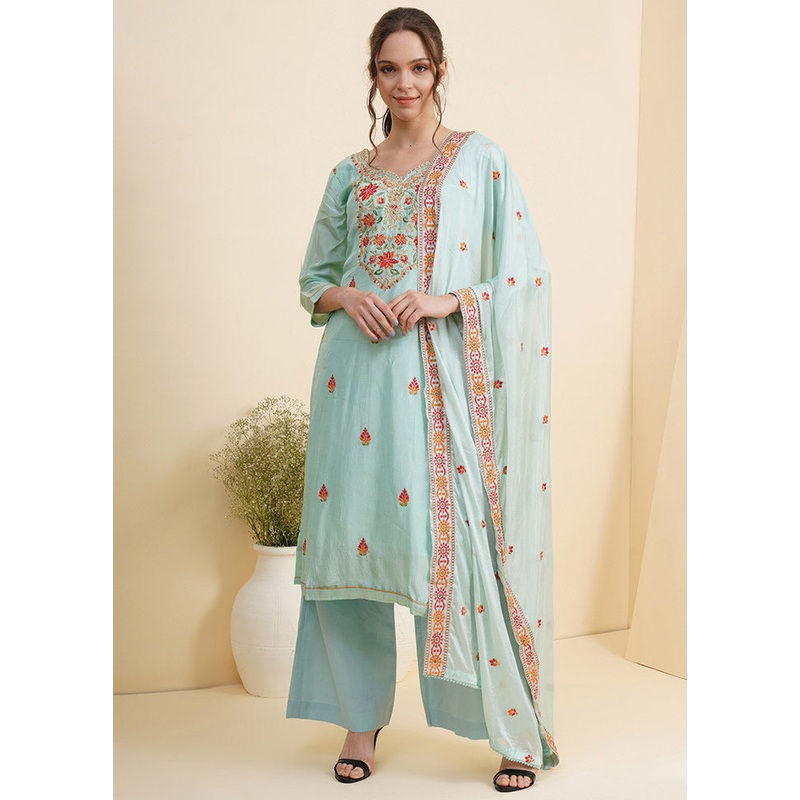 3 Pc Blue Unstitched Silk Suit Set With Dupatta - JD986590903