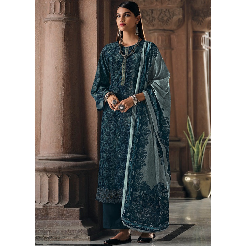 3 Pc Blue Unstitched Silk Suit Set With Dupatta - JD986590967
