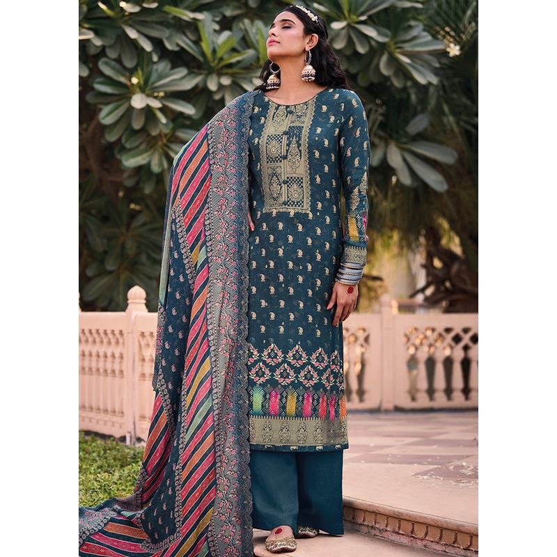 3 Pc Blue Unstitched Suit Set With Dupatta - JD986591054