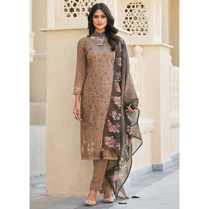 3 Pc Brown Unstitched Cotton Suit Set - JD986591116