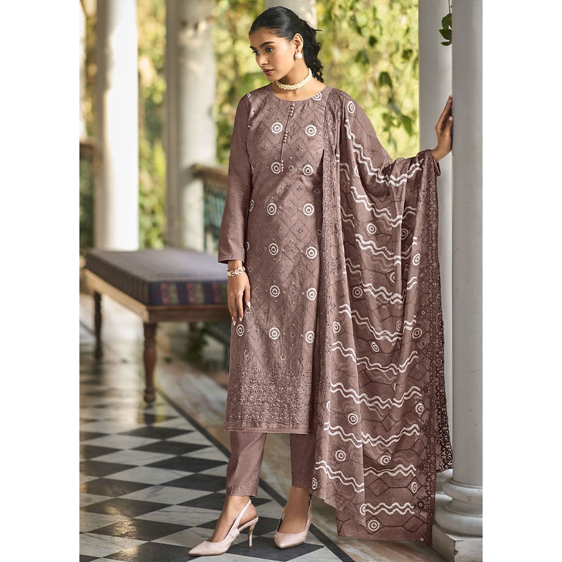 3 Pc Brown Unstitched Pure Cotton Thread Work Suit Set - JD986591084