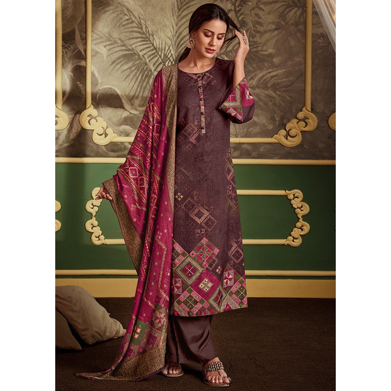 3 Pc Brown Unstitched Silk Suit Set - JD986590994