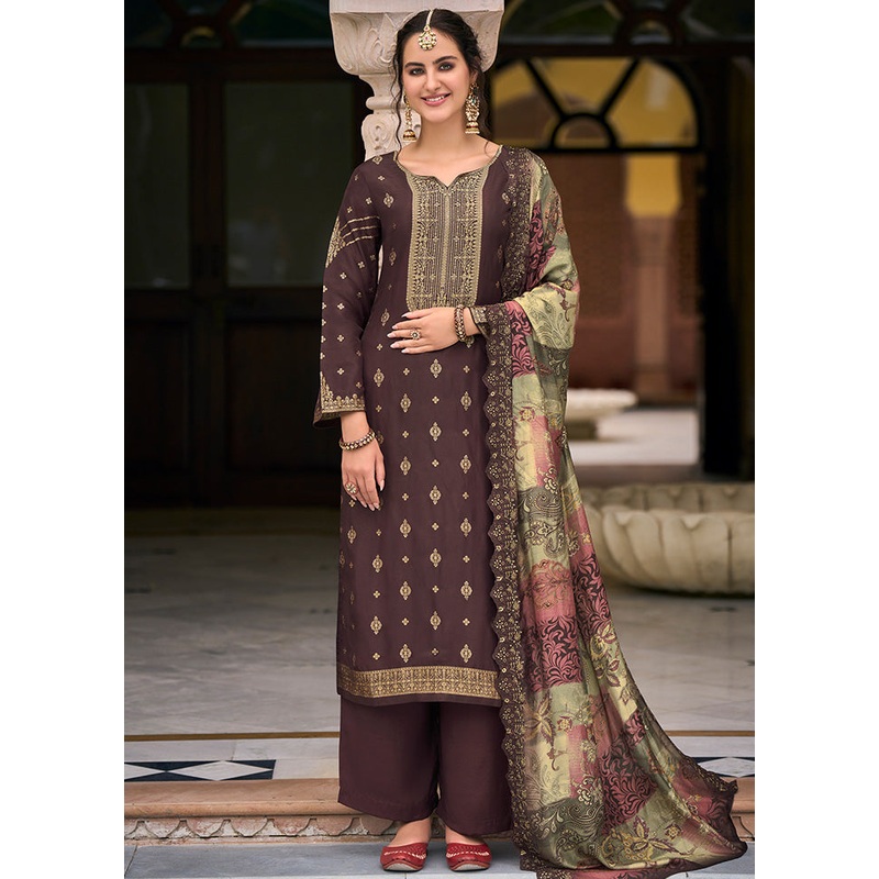 3 Pc Brown Unstitched Silk Suit Set With Dupatta - JD986590922
