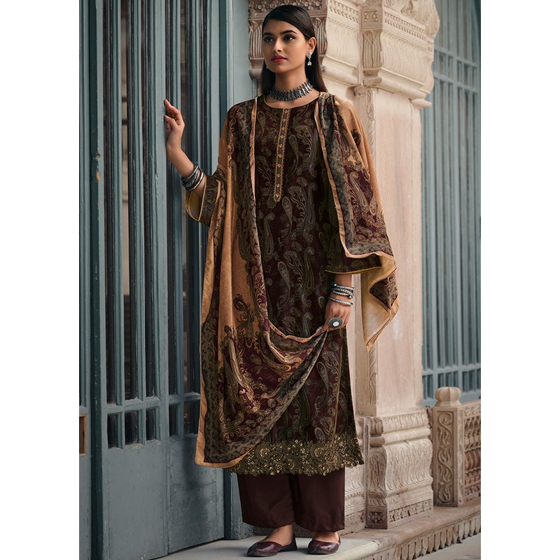 3 Pc Brown Unstitched Silk Suit Set With Dupatta - JD986590968