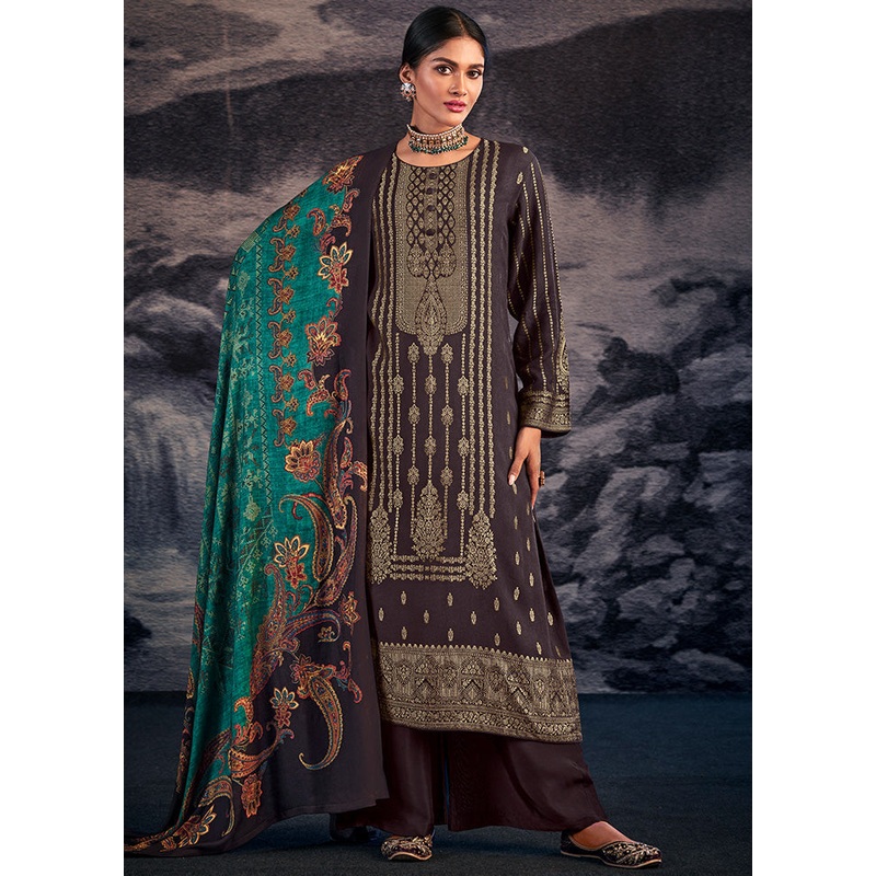 3 Pc Brown Unstitched Silk Suit Set With Dupatta - JD986590975