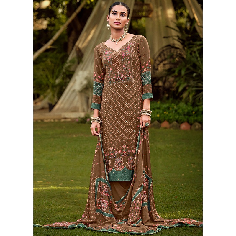 3 Pc Brown Unstitched Suit Set With Dupatta - JD986590981