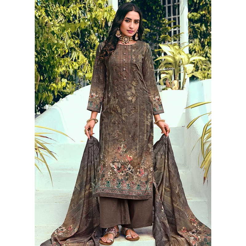 3 Pc Brown Unstitched Suit Set With Dupatta - JD986591044