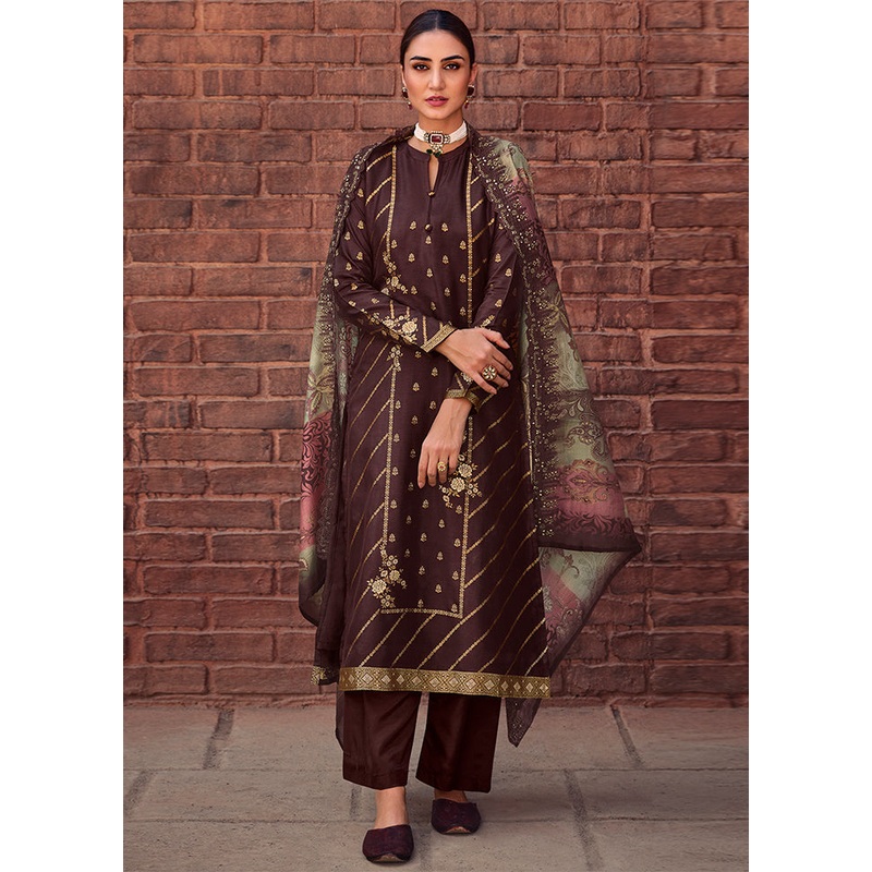 3 Pc Brown Unstitched Suit Set With Dupatta - JD986591050