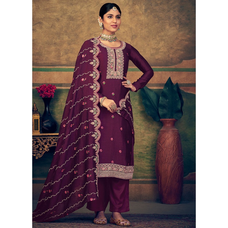 3 Pc Burgundy Unstitched Suit Set With Dupatta - JD986591064