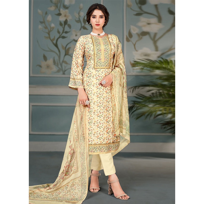 3 Pc Cream Unstitched Cotton Suit Set - JD986591122