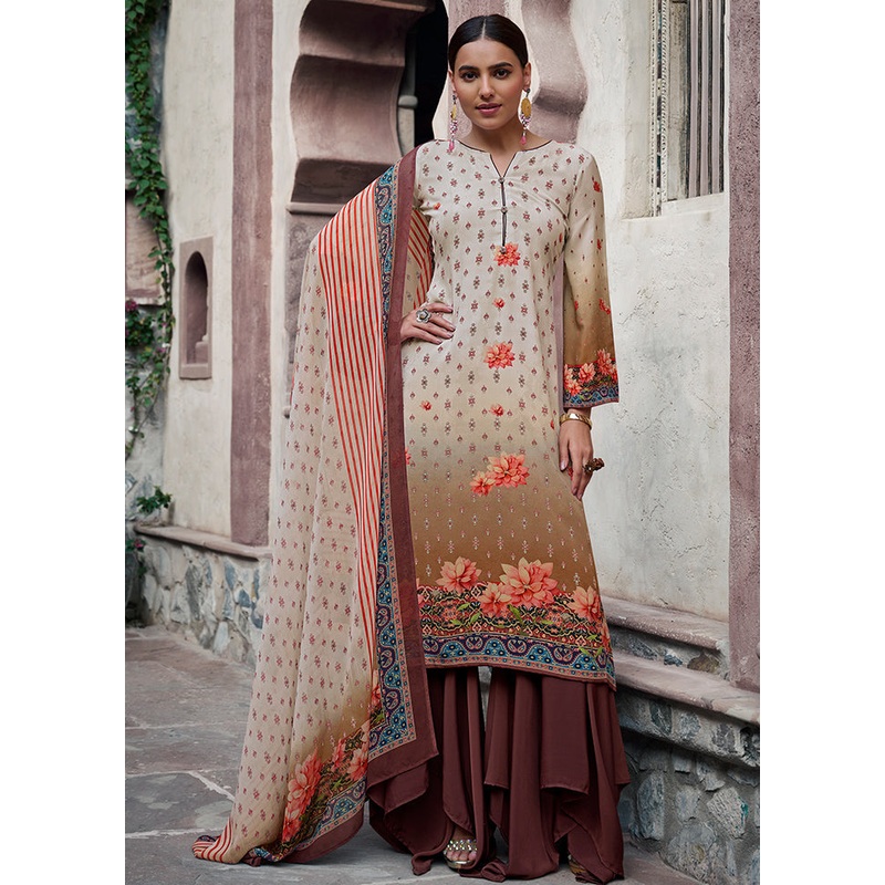 3 Pc Cream Unstitched Digital Print Silk Suit Set - JD986591075