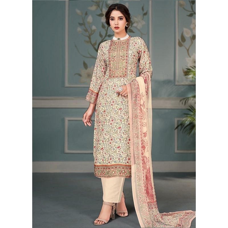3 Pc Cream Unstitched Silk Suit Set - JD986591111