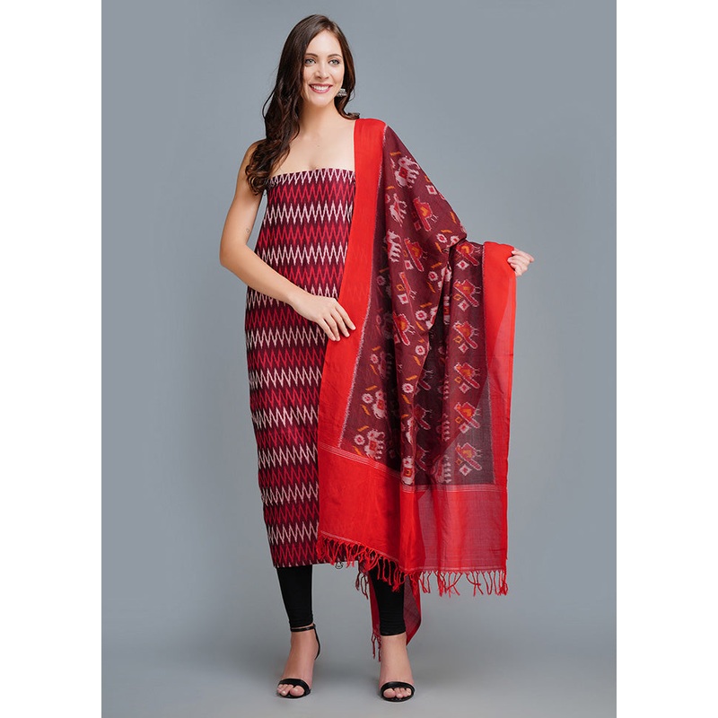3 Pc Deep Red Cotton Salwar Suit Set With Dupatta - JD986590983