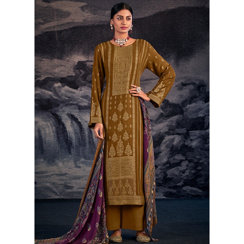 3 Pc Gold Unstitched Silk Suit Set With Dupatta - JD986590972