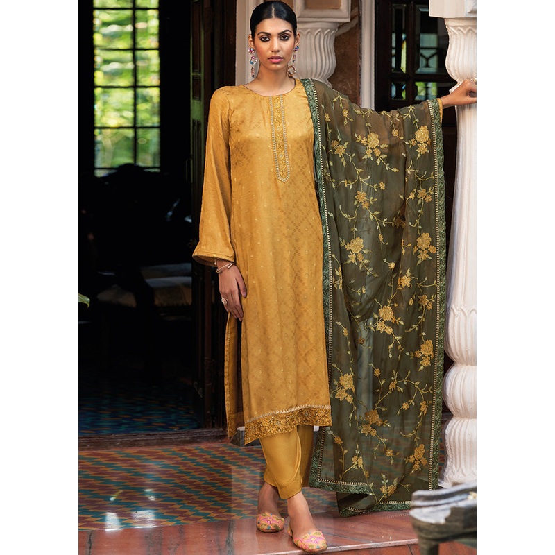 3 Pc Gold Unstitched Silk Suit Set With Dupatta - JD986591004