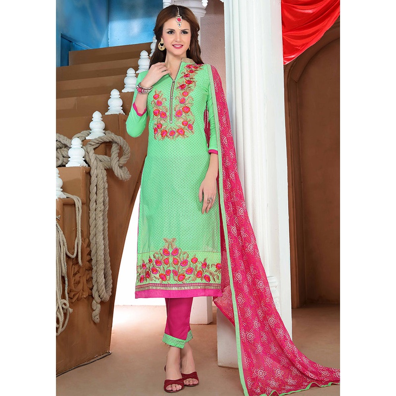 3 Pc Green Unstitched Cotton Salwar Suit With Dupatta - JD986590946