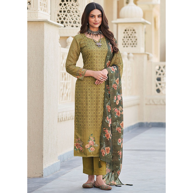 3 Pc Green Unstitched Cotton Suit Set - JD986591120