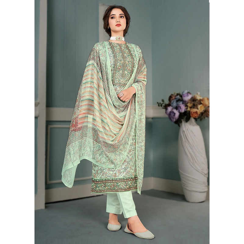 3 Pc Green Unstitched Cotton Suit Set - JD986591124