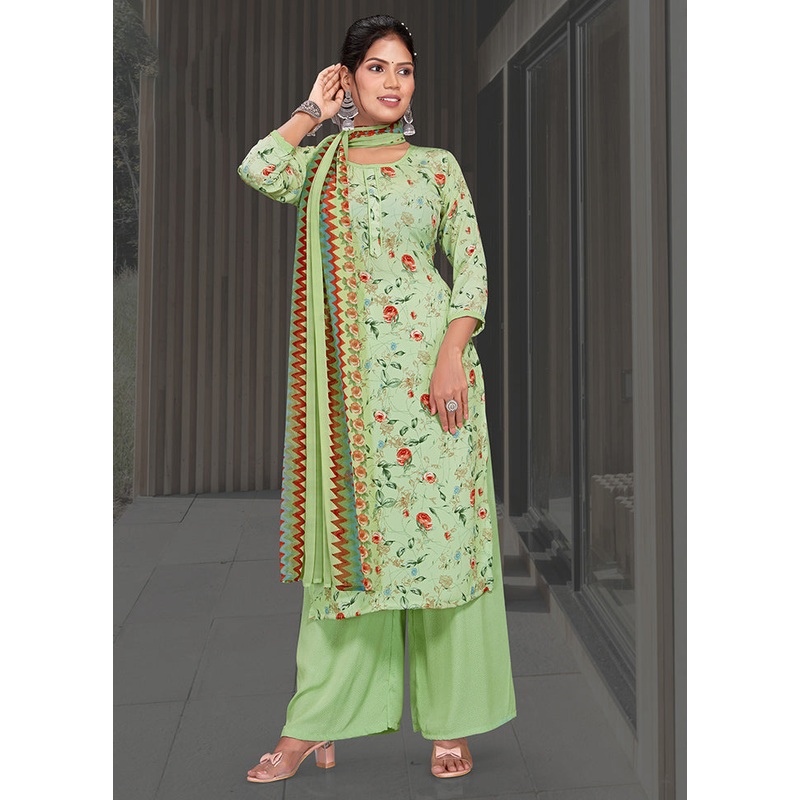 3 Pc Green Unstitched Digital Print Silk Suit Set - JD986591070