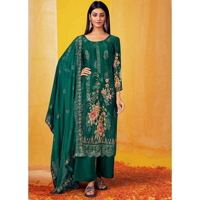 3 Pc Green Unstitched Georgette Suit Set With Dupatta - JD986590933