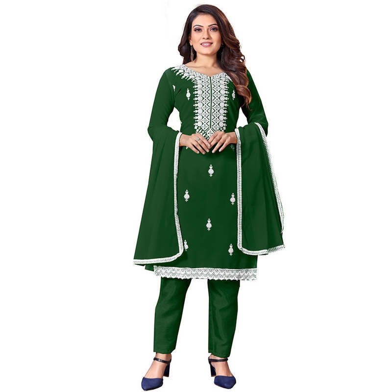 3 Pc Green Unstitched Georgette Suit Set With Dupatta - JD986590957