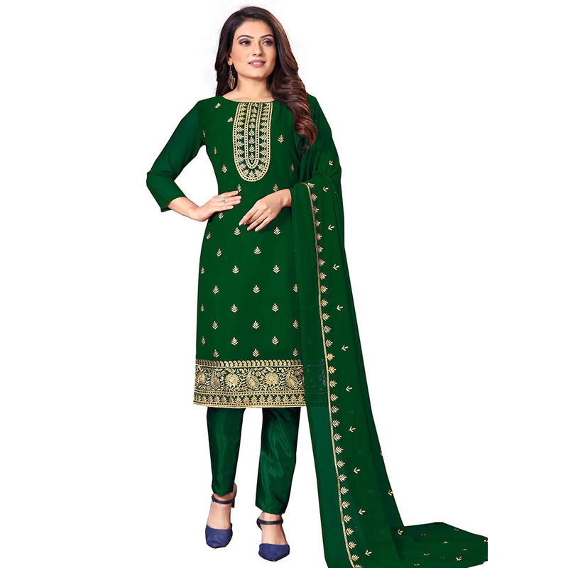 3 Pc Green Unstitched Georgette Suit Set With Dupatta - JD986590960