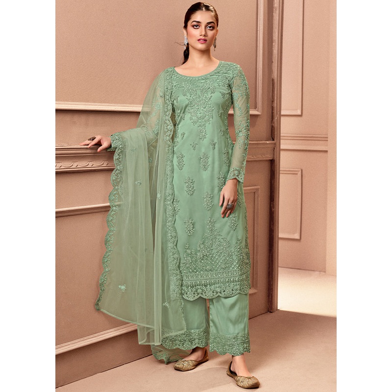 3 Pc Green Unstitched Net Floral Work Suit Set - JD986591013