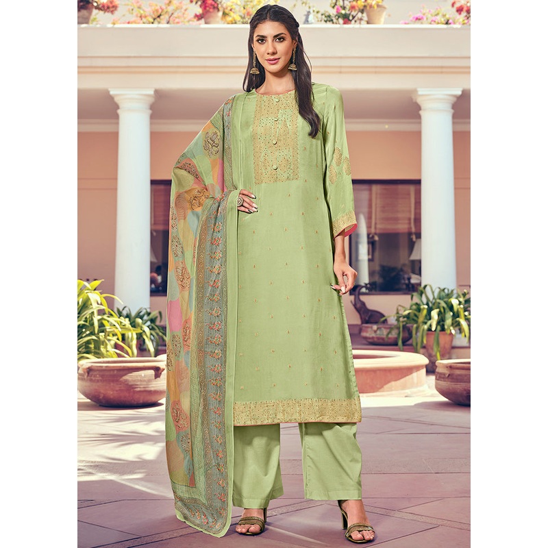 3 Pc Green Unstitched Pure Silk Suit Set - JD986591086