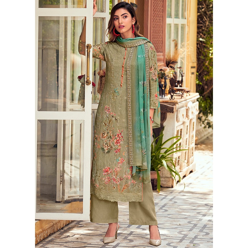 3 Pc Green Unstitched Salwar Suit Set With Dupatta - JD986590916