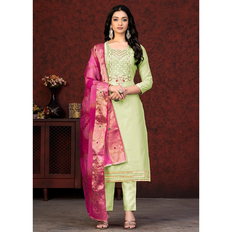 3 Pc Green Unstitched Silk Hand Suit Set - JD986591104
