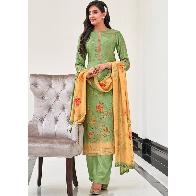 3 Pc Green Unstitched Silk Suit Set With Dupatta - JD986590906
