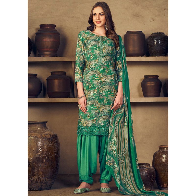 3 Pc Green Unstitched Silk Suit Set With Dupatta - JD986590951