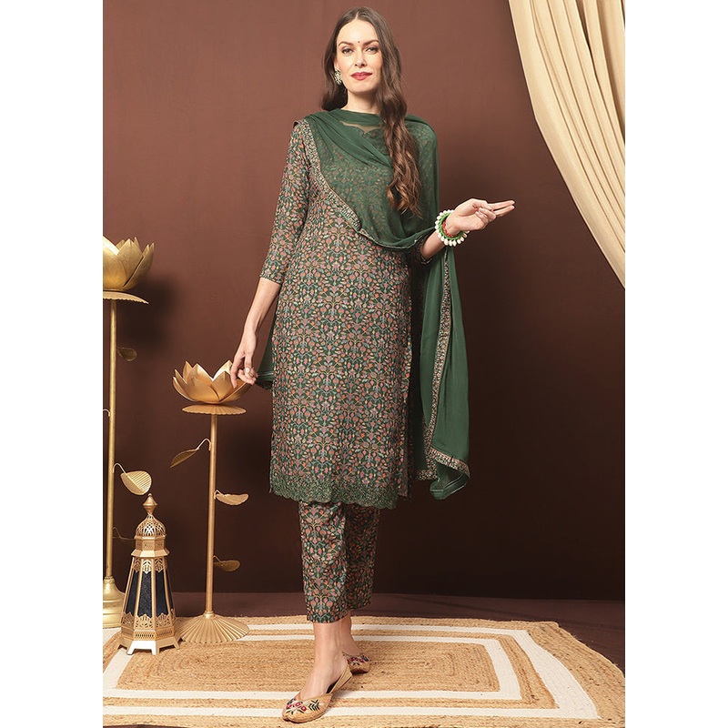 3 Pc Green Unstitched Silk Suit Set With Dupatta - JD986591026