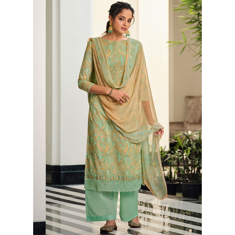 3 Pc Green Unstitched Suit Set With Dupatta - JD986591017