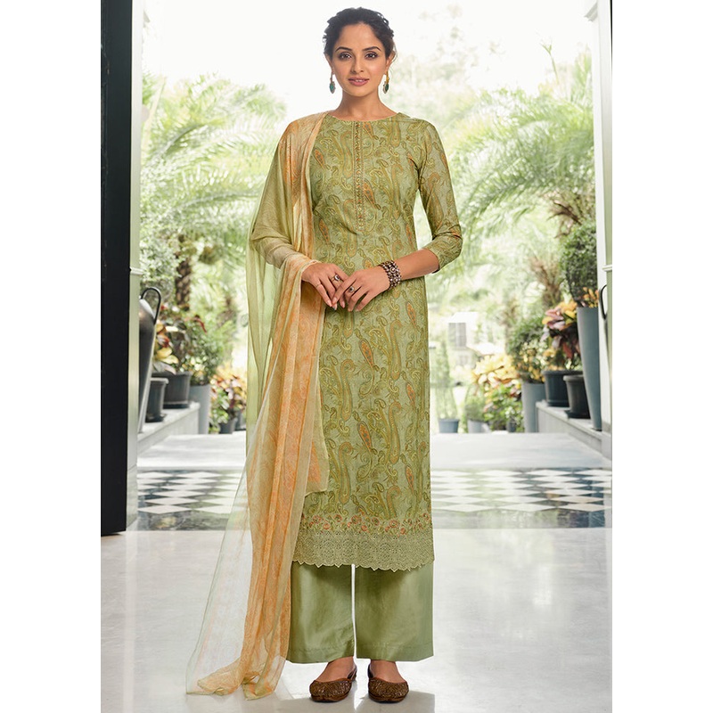 3 Pc Green Unstitched Suit Set With Dupatta - JD986591020