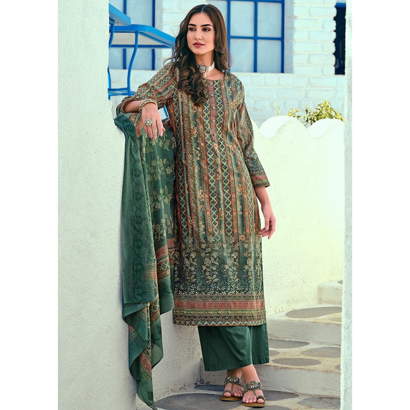 3 Pc Green Unstitched Suit Set With Dupatta - JD986591041