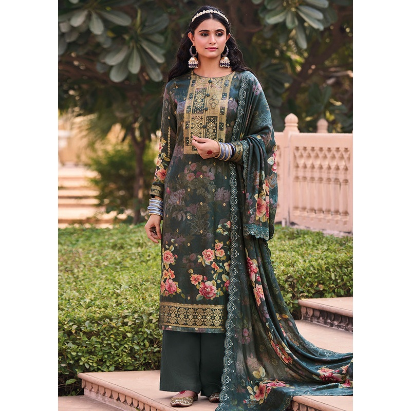 3 Pc Green Unstitched Suit Set With Dupatta - JD986591051