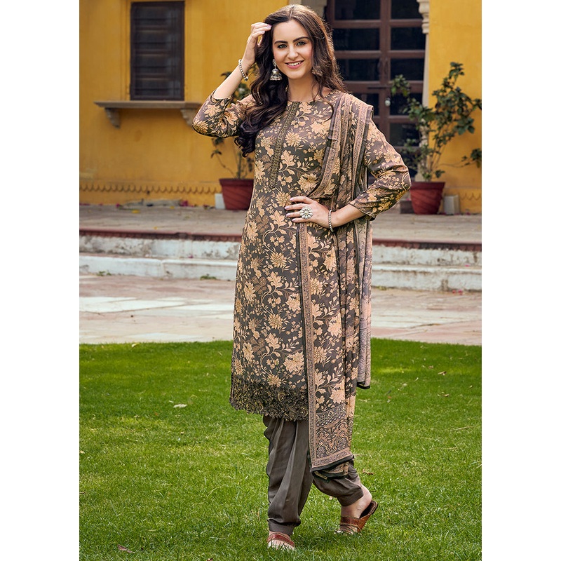 3 Pc Grey Unstitched Crepe Suit Set With Dupatta - JD986590914