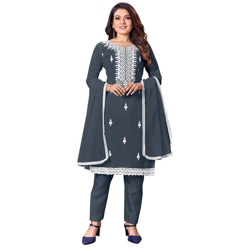 3 Pc Grey Unstitched Georgette Suit Set With Dupatta - JD986590958