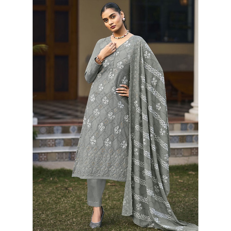3 Pc Grey Unstitched Pure Cotton Thread Work Suit Set - JD986591082