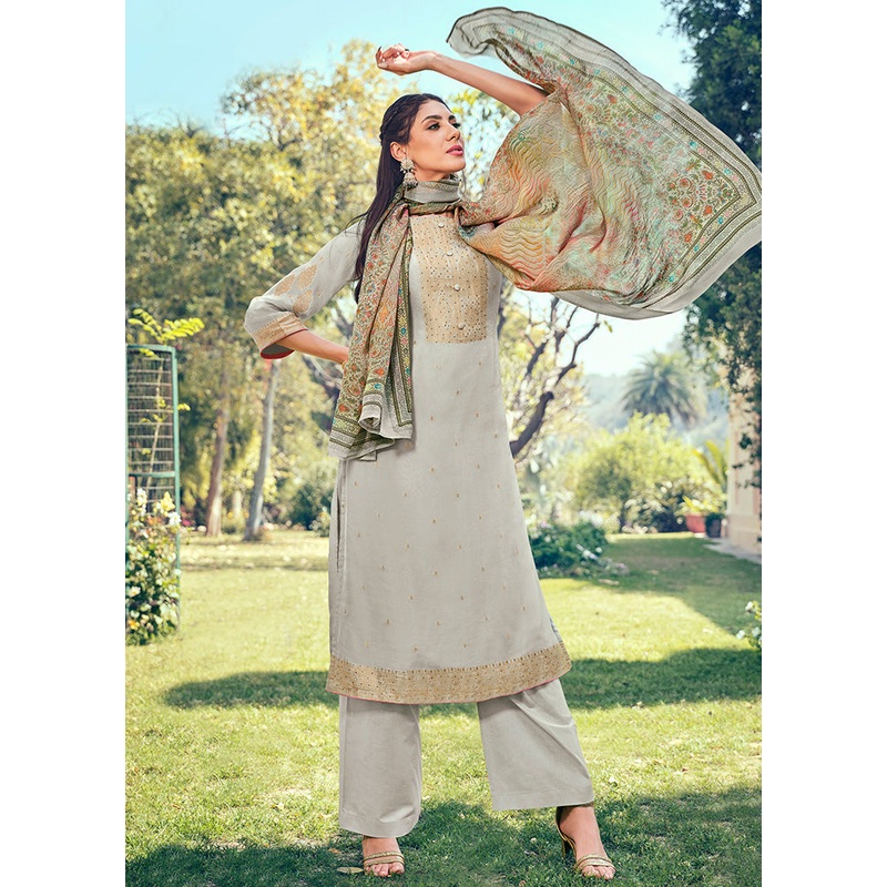 3 Pc Grey Unstitched Pure Silk Suit Set - JD986591087