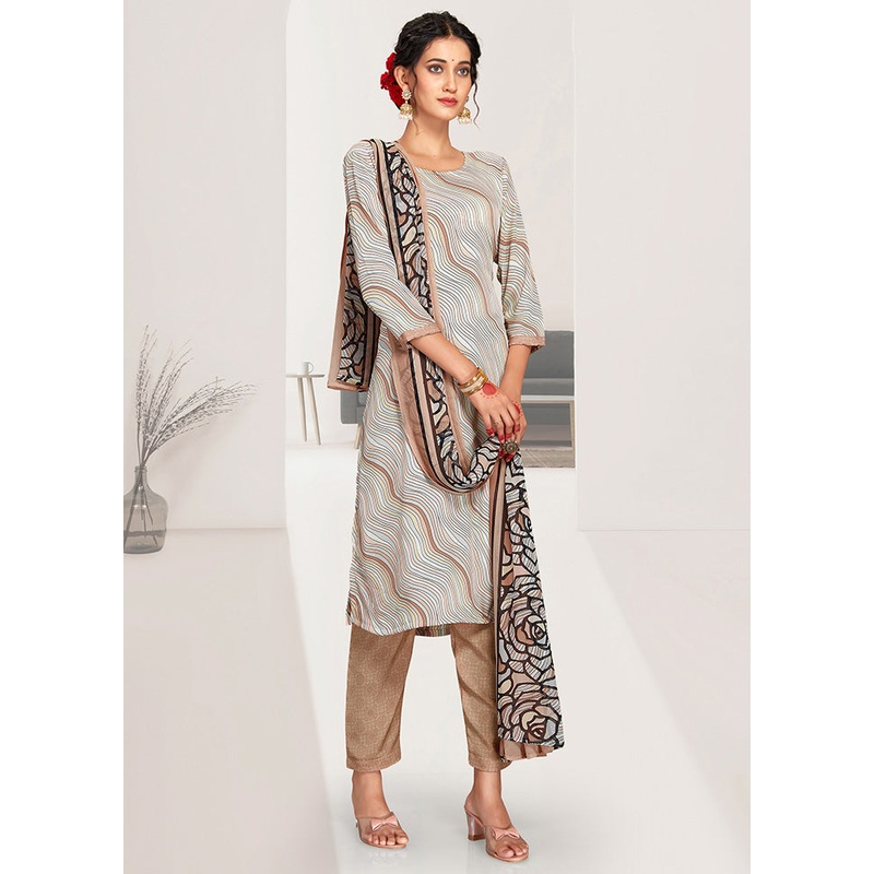 3 Pc Grey Unstitched Silk Digital Suit Set - JD986591090