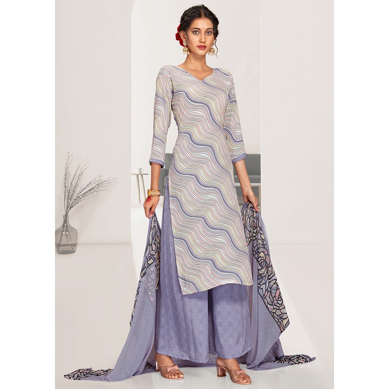 3 Pc Grey Unstitched Silk Digital Suit Set - JD986591091