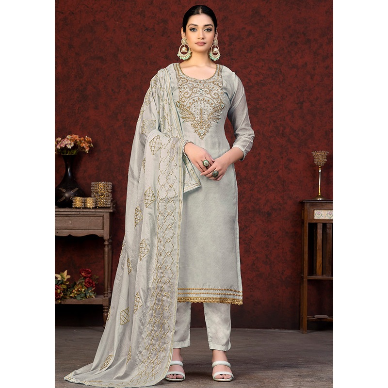 3 Pc Grey Unstitched Silk Hand Suit Set - JD986591100