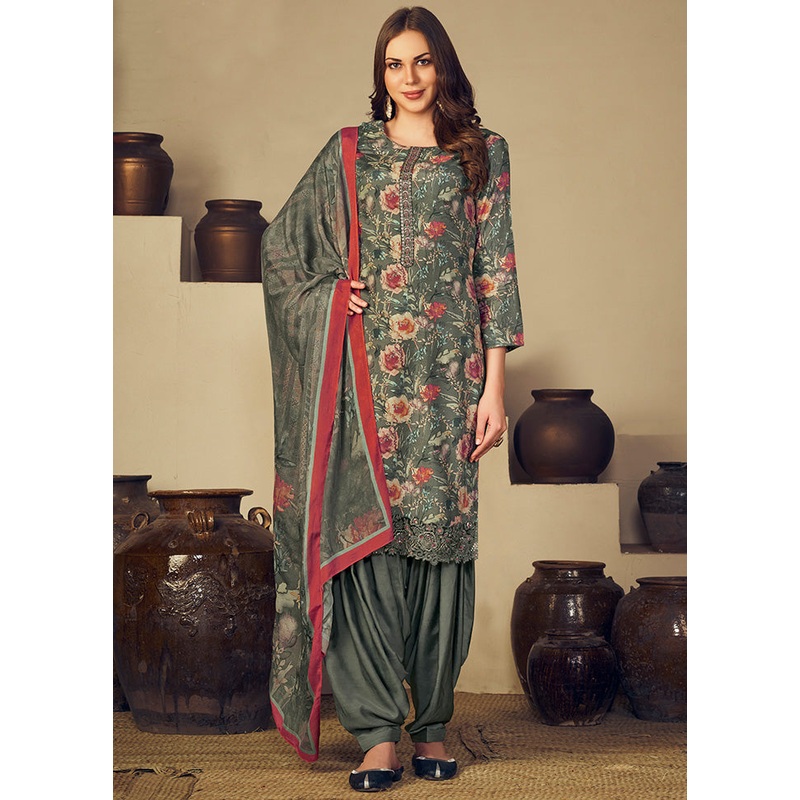 3 Pc Grey Unstitched Silk Suit Set With Dupatta - JD986590949