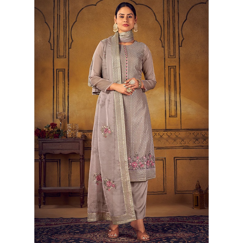 3 Pc Grey Unstitched Silk Suit Set With Dupatta - JD986591024