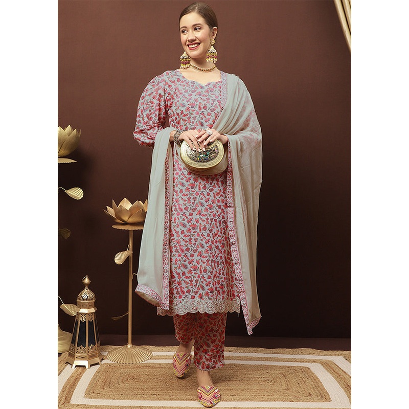 3 Pc Grey Unstitched Silk Suit Set With Dupatta - JD986591029